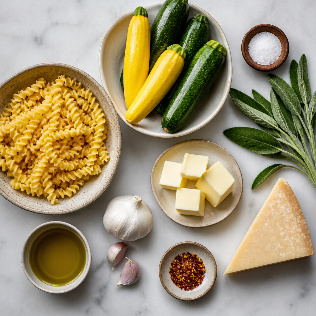 Overhead flat-lay of all ingredients for Summer Squash Pasta With Brown Butter And Sage laid out on a kitchen surface.
