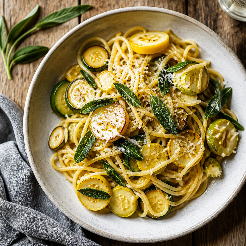 Summer Squash Pasta With Brown Butter And Sage — Italian-American Dinner served and photographed from above