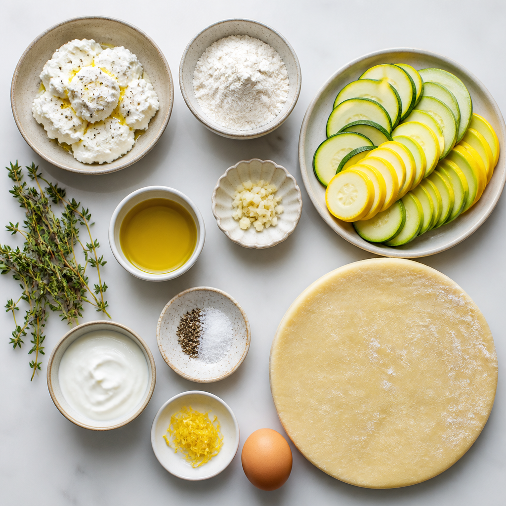 Overhead flat-lay of all ingredients for Summer Squash Tart With Whipped Feta laid out on a kitchen surface.