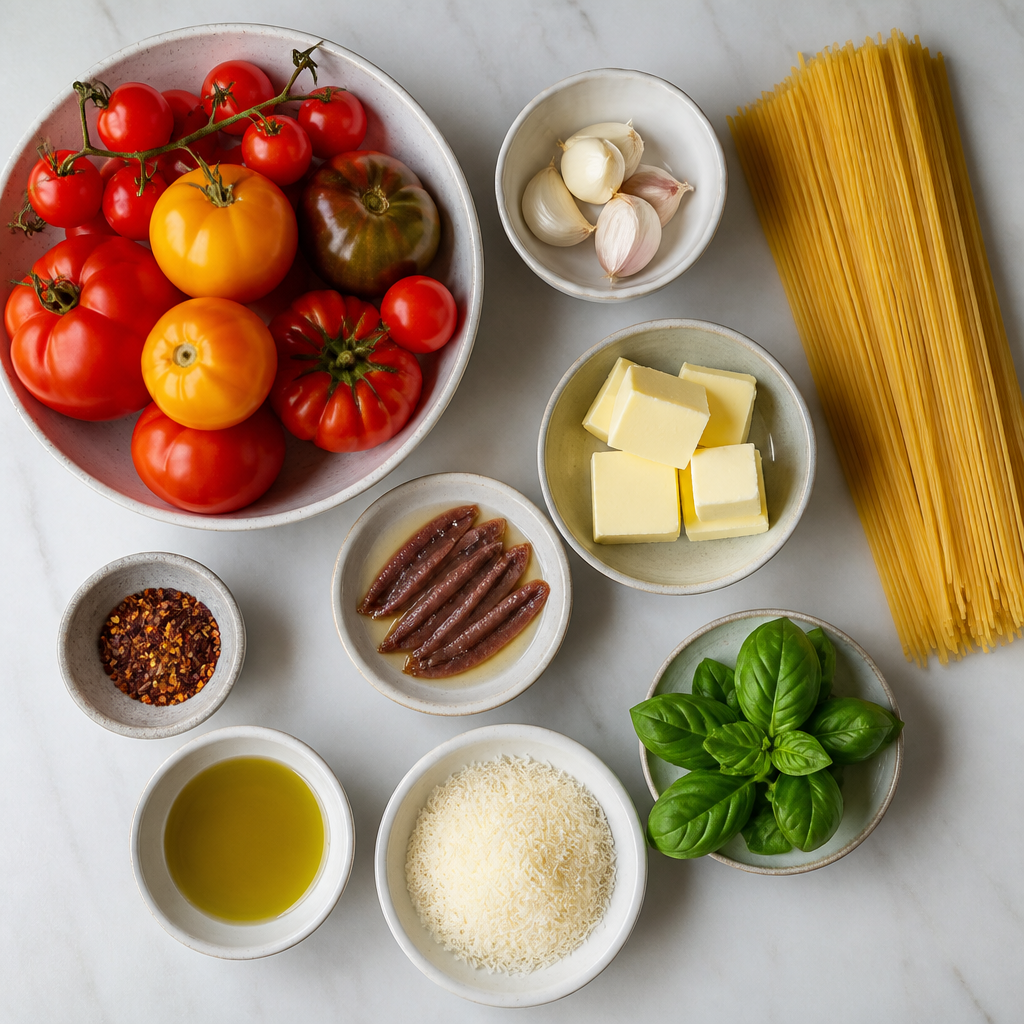 Overhead flat-lay of all ingredients for Summer Tomato Pasta With Garlic Anchovy Butter laid out on a kitchen surface.