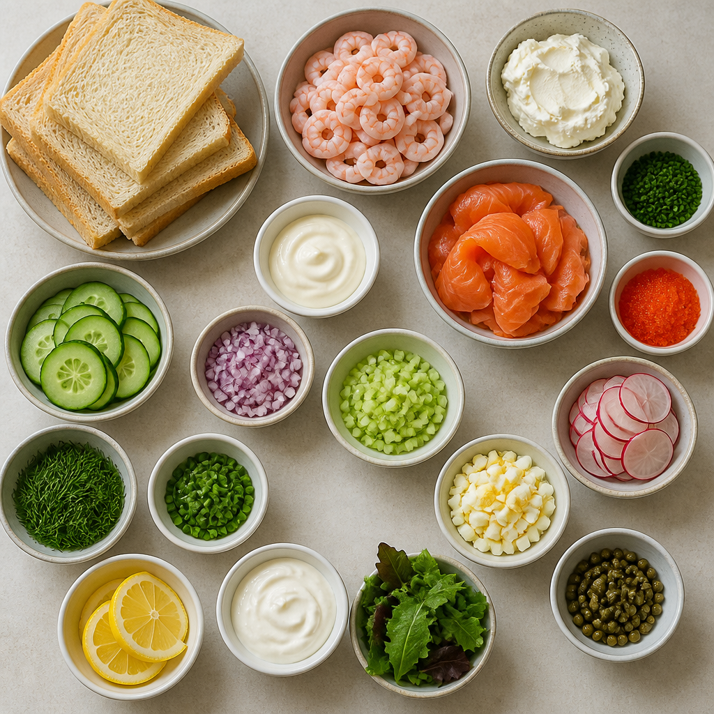 Overhead flat-lay of all ingredients for Swedish Sandwich Cake with Shrimp and Smoked Salmon laid out on a kitchen surface.