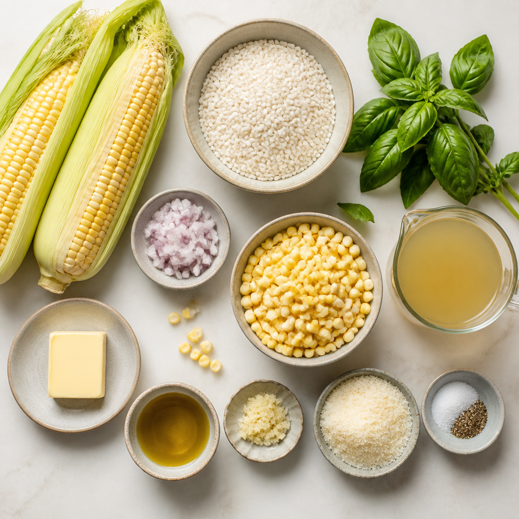 Overhead flat-lay of all ingredients for Sweet Corn Risotto With Fresh Basil laid out on a kitchen surface.