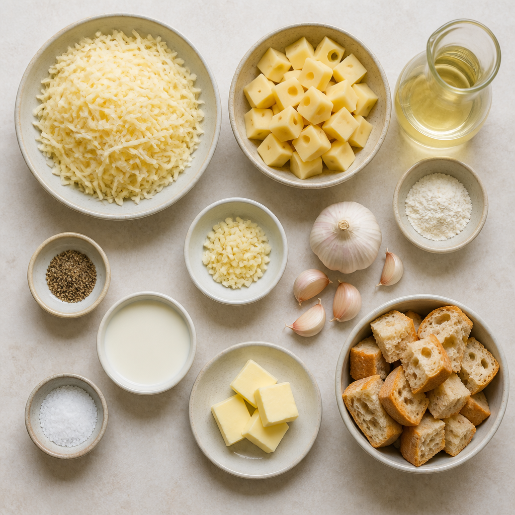 Overhead flat-lay of all ingredients for Swiss Cheese Fondue Recipe with Garlic and White Wine laid out on a kitchen surface.