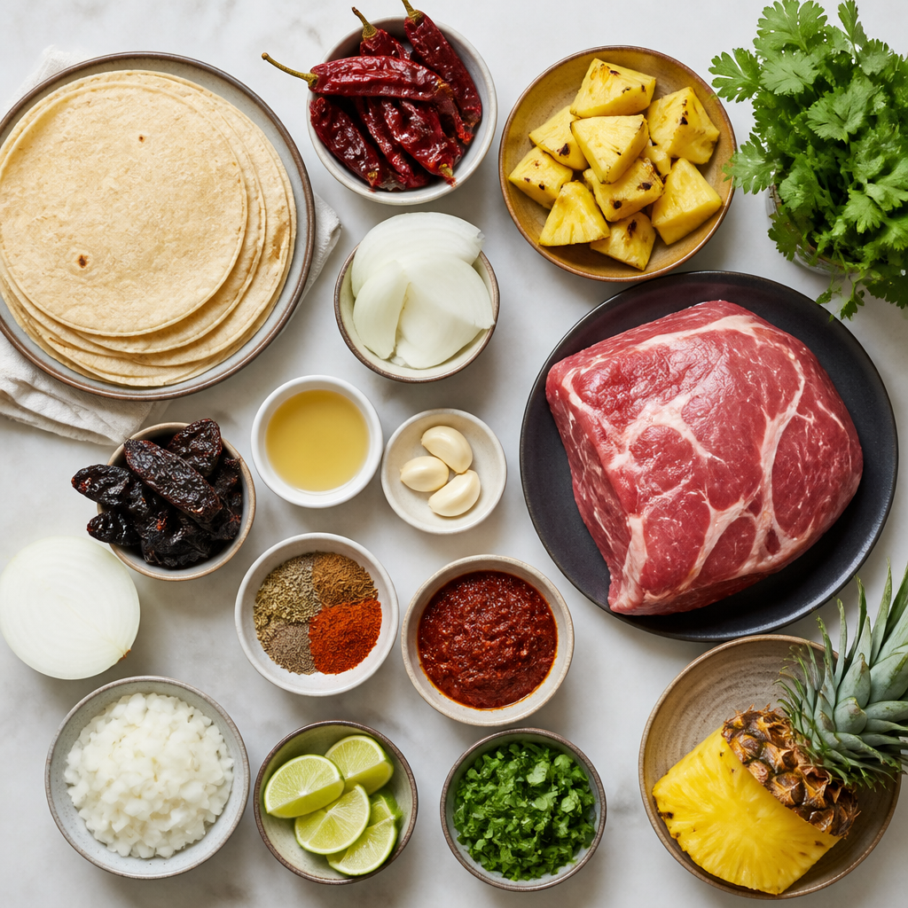 Overhead flat-lay of all ingredients for Tacos Al Pastor With Grilled Pineapple laid out on a kitchen surface.