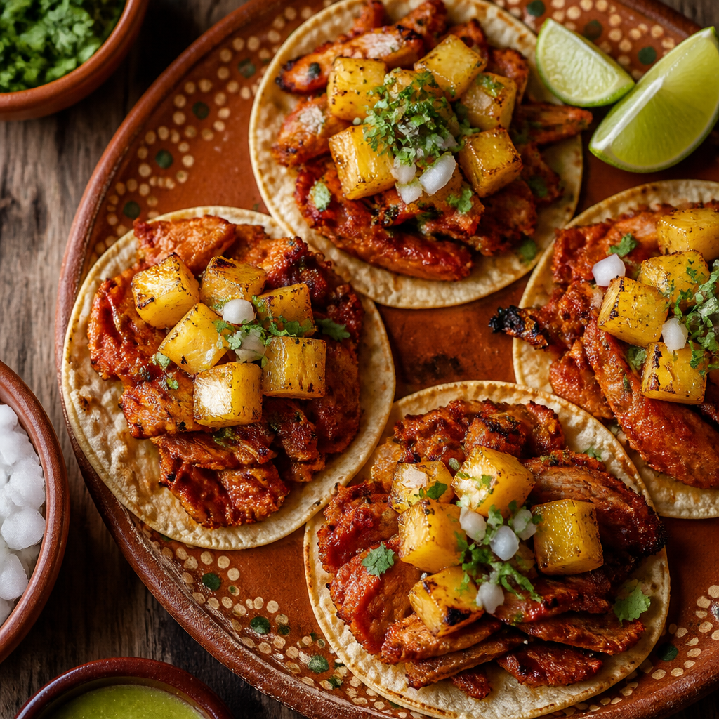 Tacos Al Pastor With Grilled Pineapple — Mexican Dinner served and photographed from above