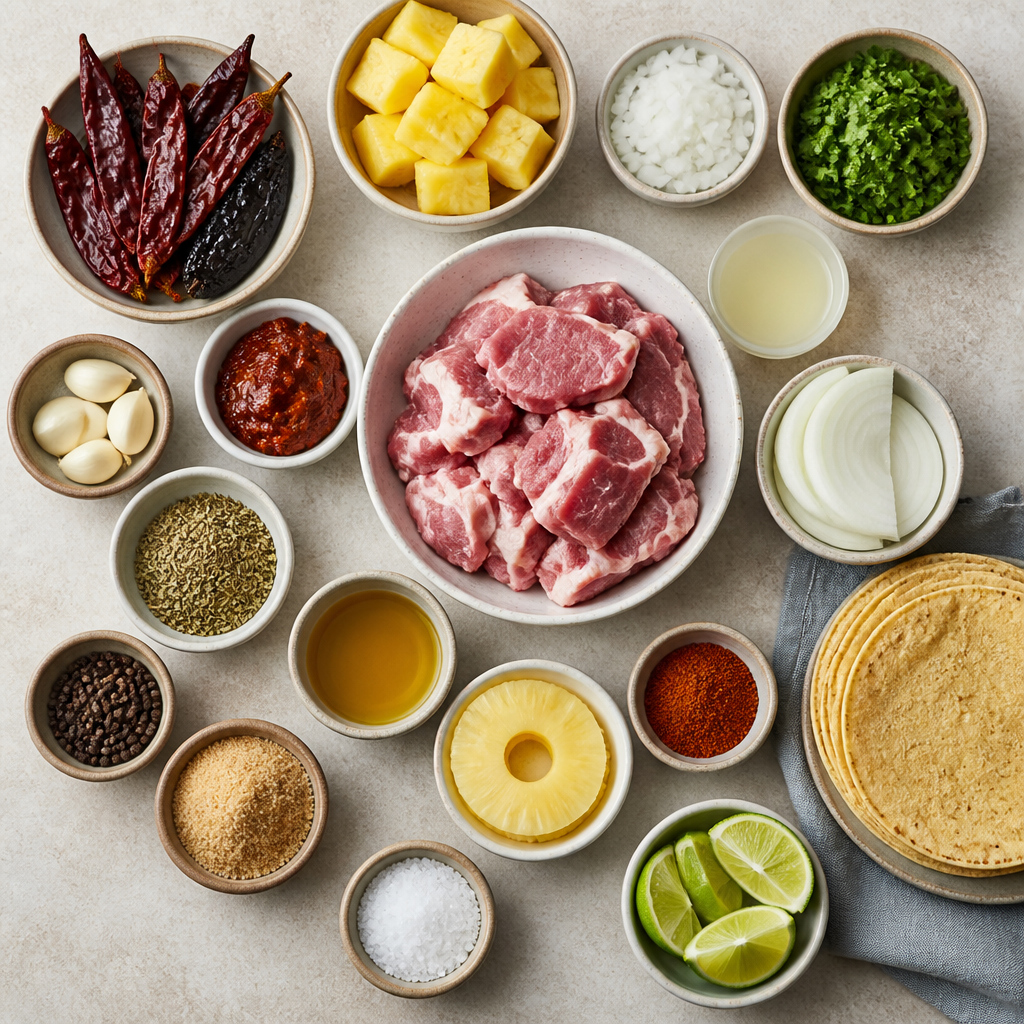Overhead flat-lay of all ingredients for Tacos al Pastor Recipe with Grilled Pineapple and Pork laid out on a kitchen surface.