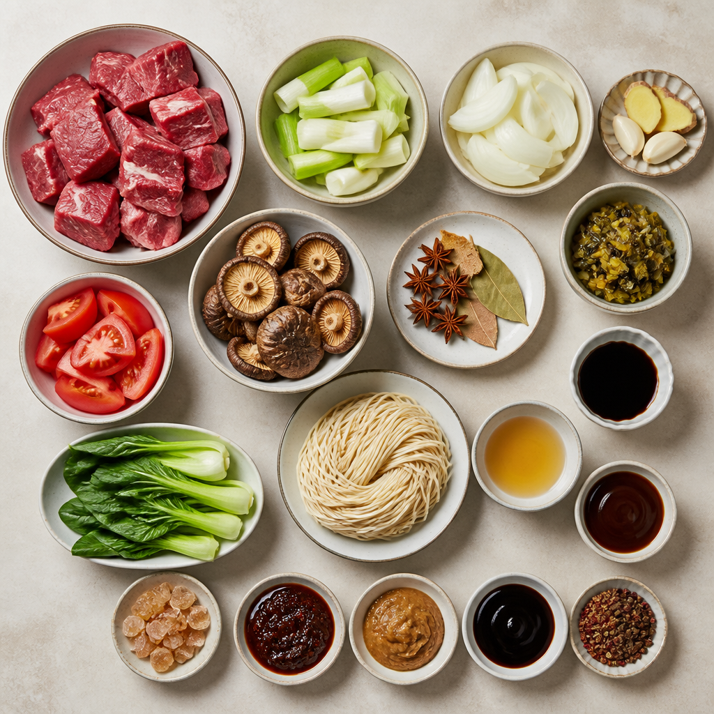 Overhead flat-lay of all ingredients for Taiwanese Beef Noodle Soup with Braised Aromatics laid out on a kitchen surface.