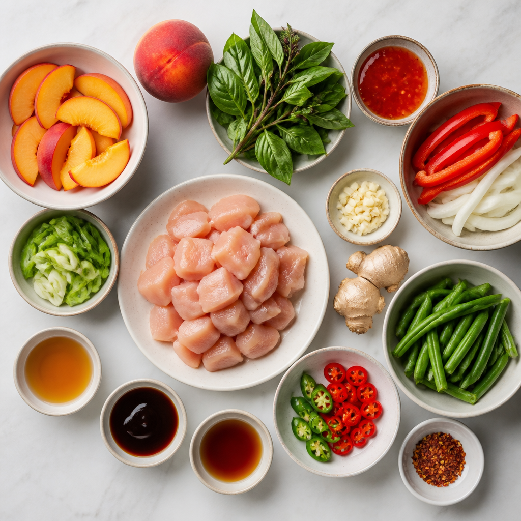Overhead flat-lay of all ingredients for Thai Basil Chicken Stir-Fry with Spicy Peaches laid out on a kitchen surface.