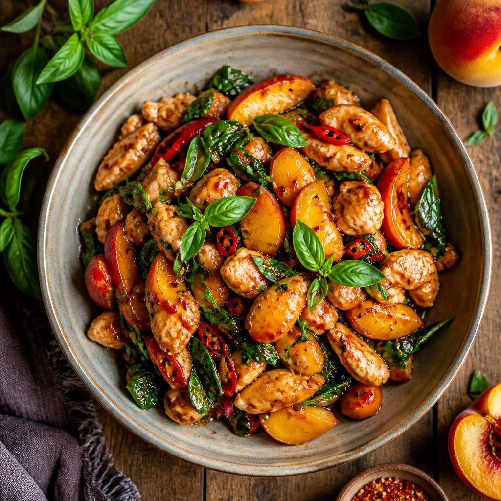 Thai Basil Chicken Stir-Fry with Spicy Peaches — Thai-Fusion Dinner served and photographed from above