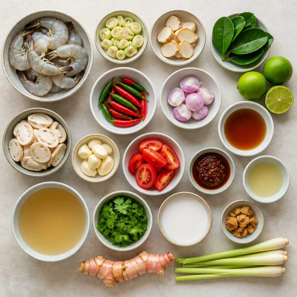 Overhead flat-lay of all ingredients for Thai Tom Yum Goong Recipe with Shrimp and Lemongrass laid out on a kitchen surface.
