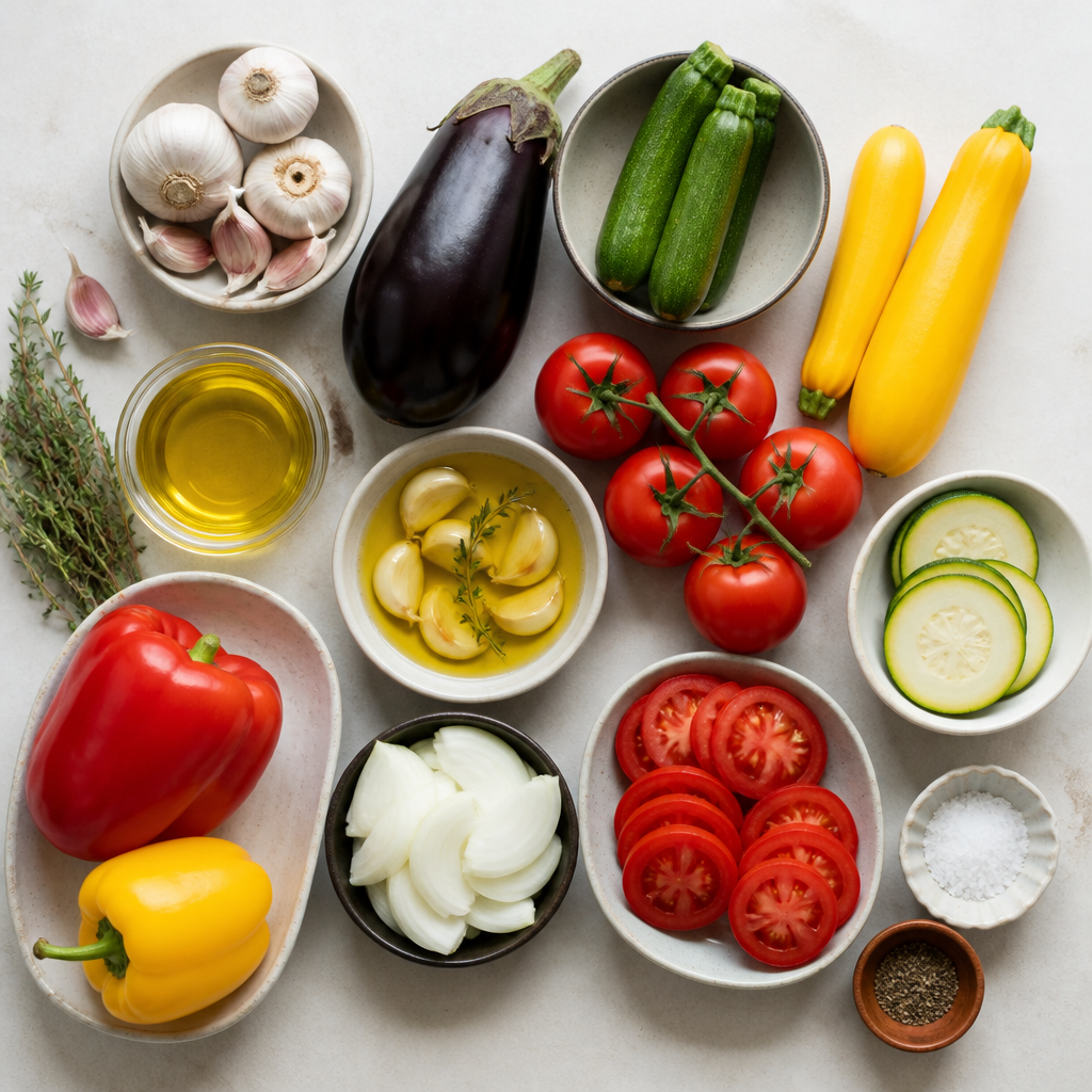 Overhead flat-lay of all ingredients for Tian Of Summer Vegetables With Garlic Confit laid out on a kitchen surface.