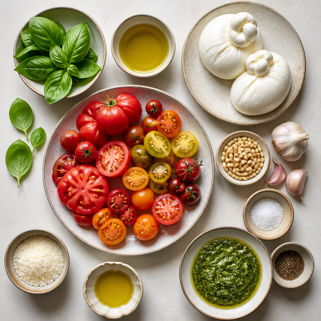 Overhead flat-lay of all ingredients for Tomato Burrata Salad with Basil Pesto Oil laid out on a kitchen surface.