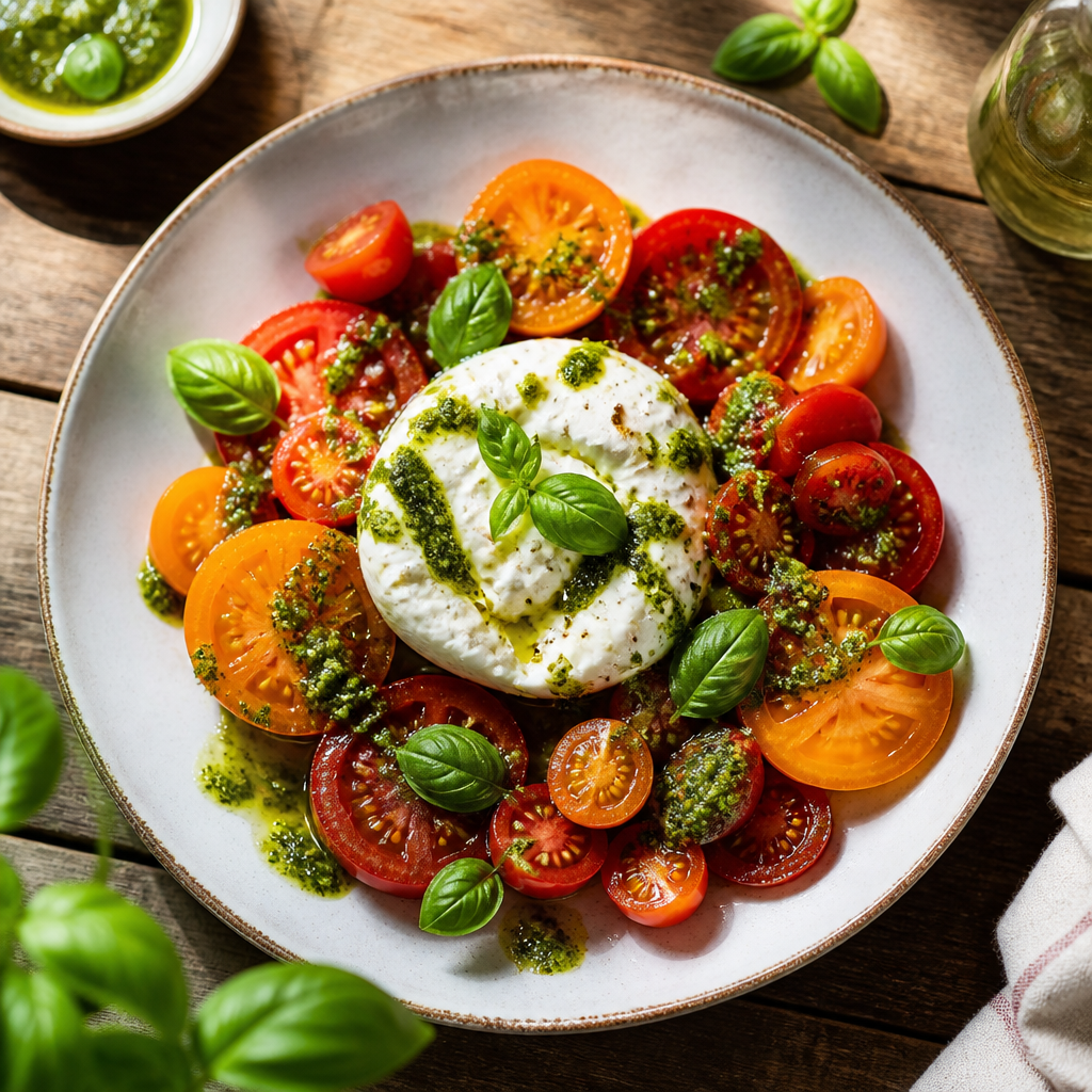 Tomato Burrata Salad with Basil Pesto Oil — Italian Salad served and photographed from above