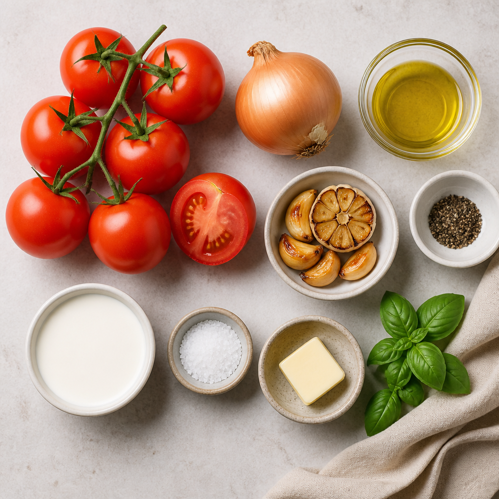 Overhead flat-lay of all ingredients for Tomato Soup With Roasted Garlic Cloves laid out on a kitchen surface.