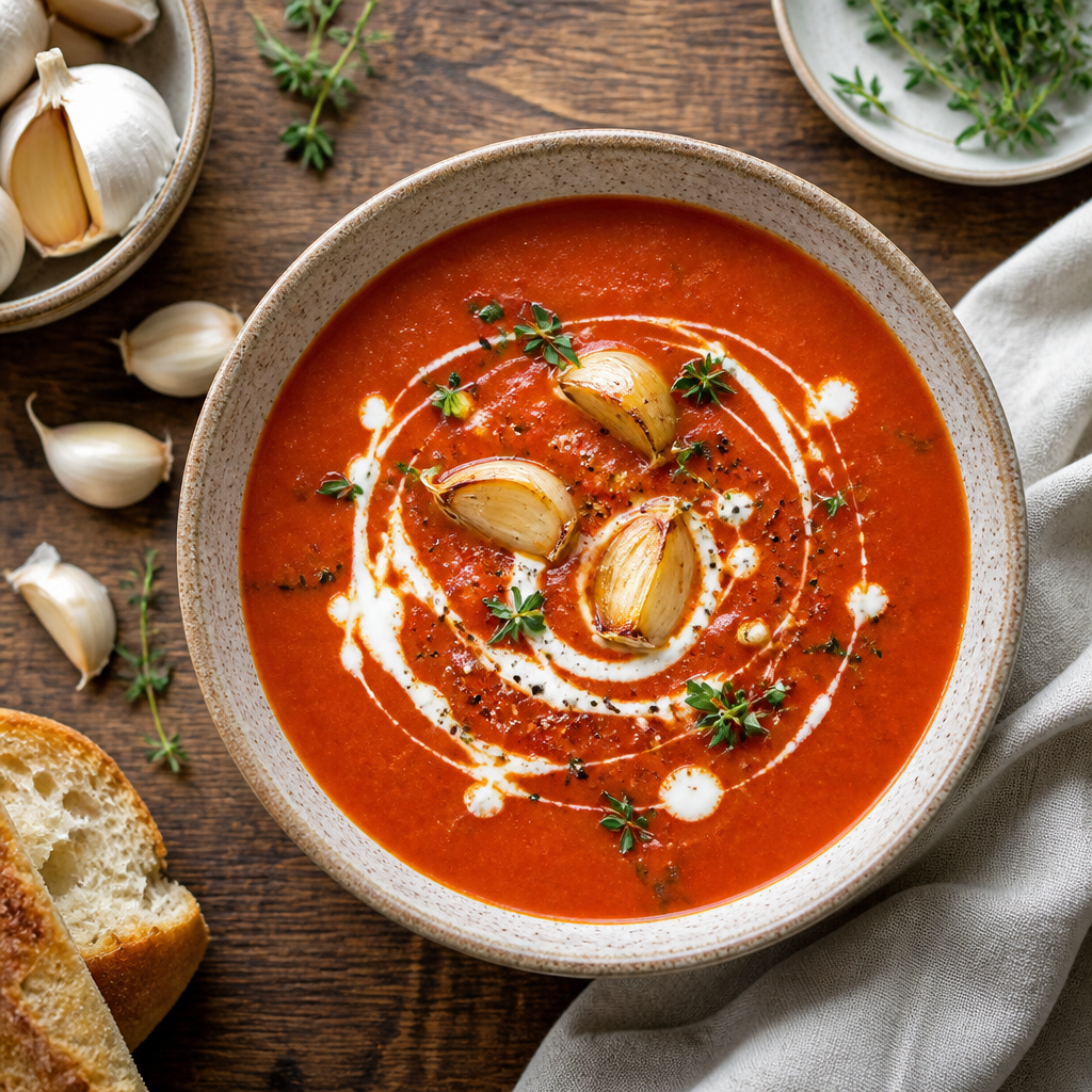 Tomato Soup With Roasted Garlic Cloves — American Dinner served and photographed from above