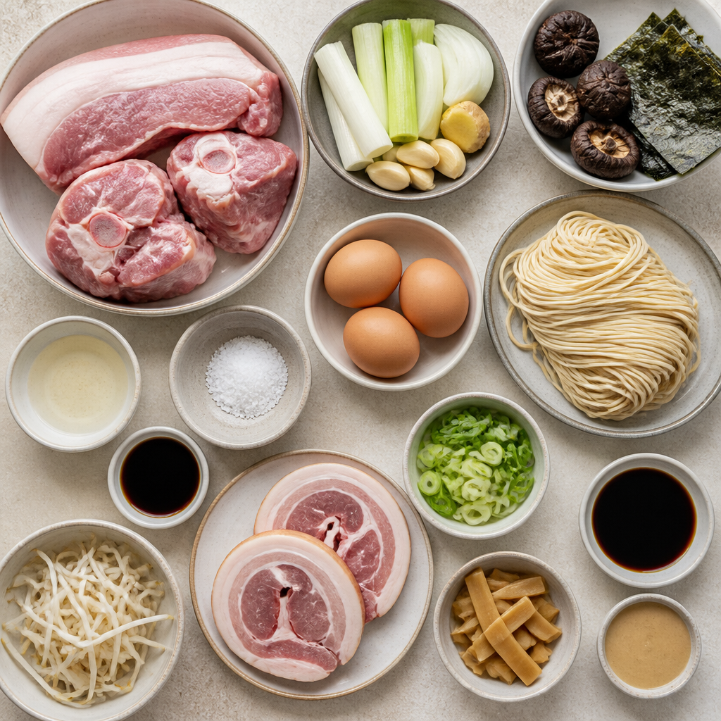 Overhead flat-lay of all ingredients for Tonkotsu Ramen Recipe with Chashu and Jammy Eggs laid out on a kitchen surface.