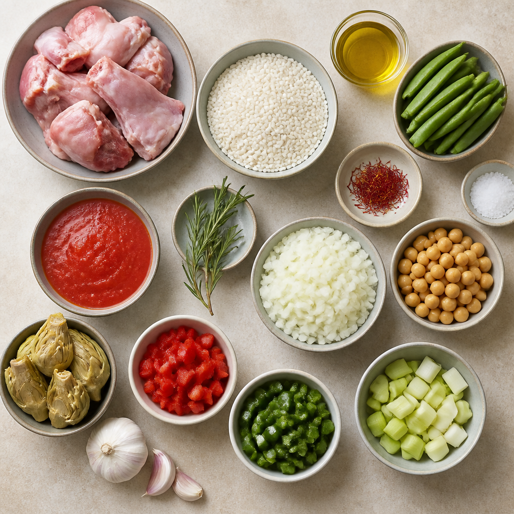 Overhead flat-lay of all ingredients for Traditional Paella Valenciana with Rabbit and Saffron laid out on a kitchen surface.