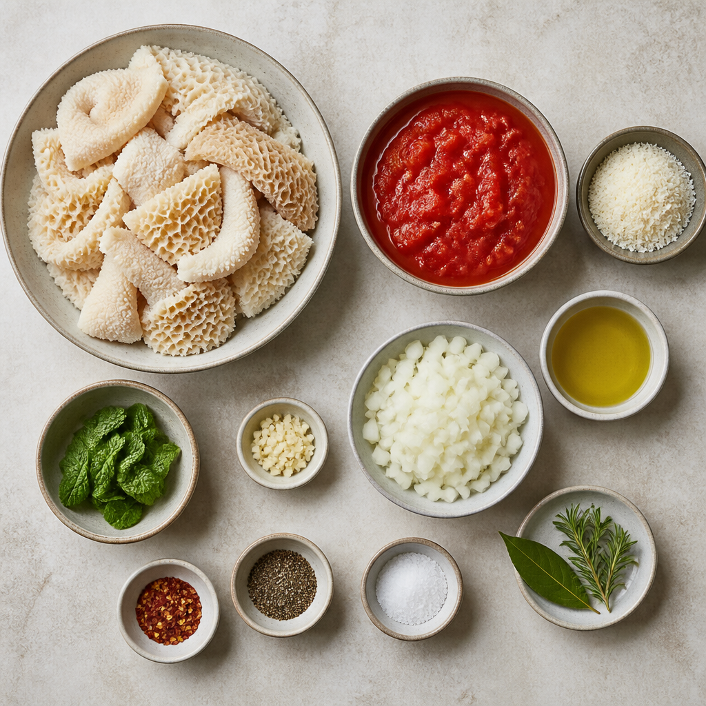 Overhead flat-lay of all ingredients for Trippa alla Romana Recipe with Tomato and Pecorino laid out on a kitchen surface.