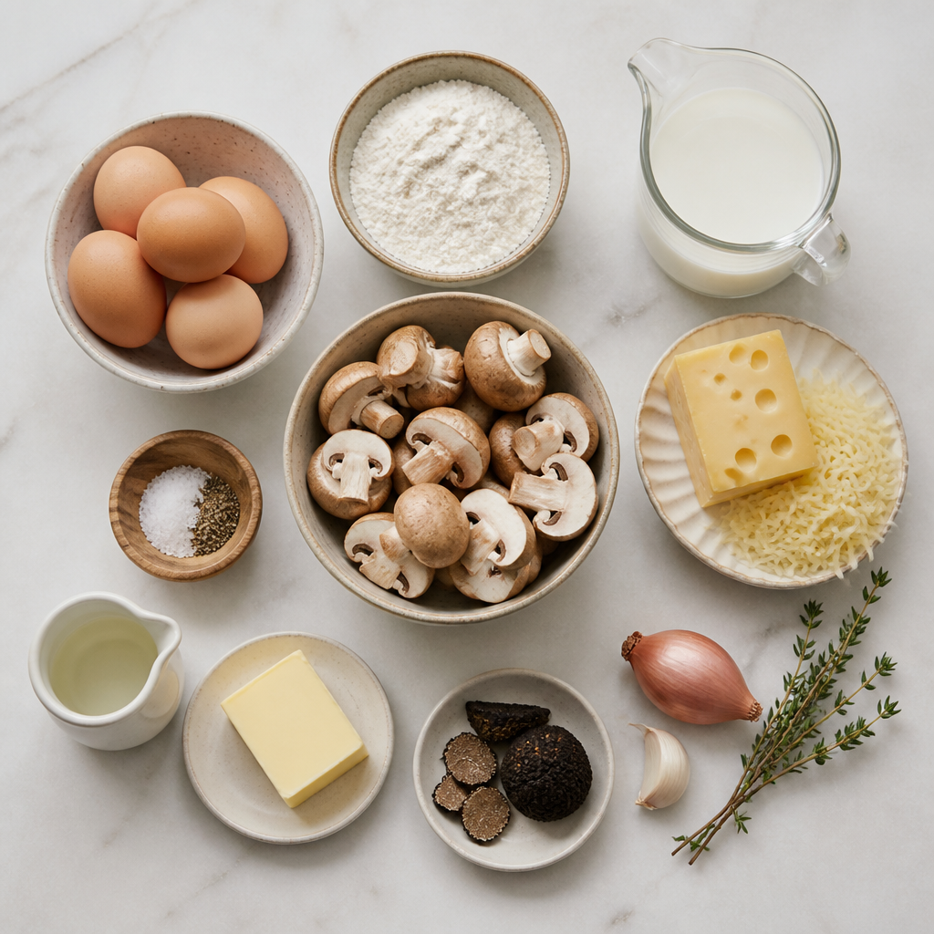 Overhead flat-lay of all ingredients for Truffled Mushroom and Gruyère Dutch Baby laid out on a kitchen surface.