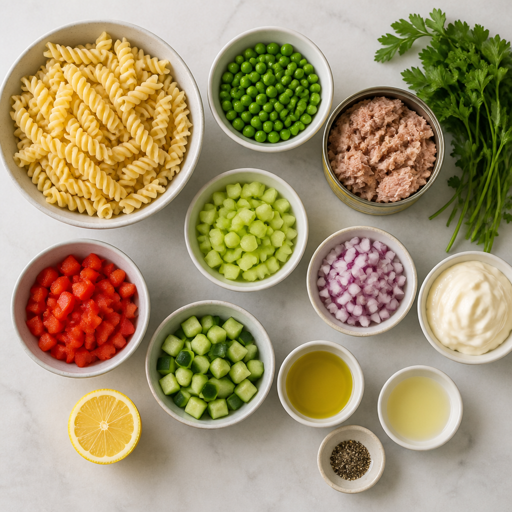 Overhead flat-lay of all ingredients for Tuna Pasta Salad With Garden Peas laid out on a kitchen surface.