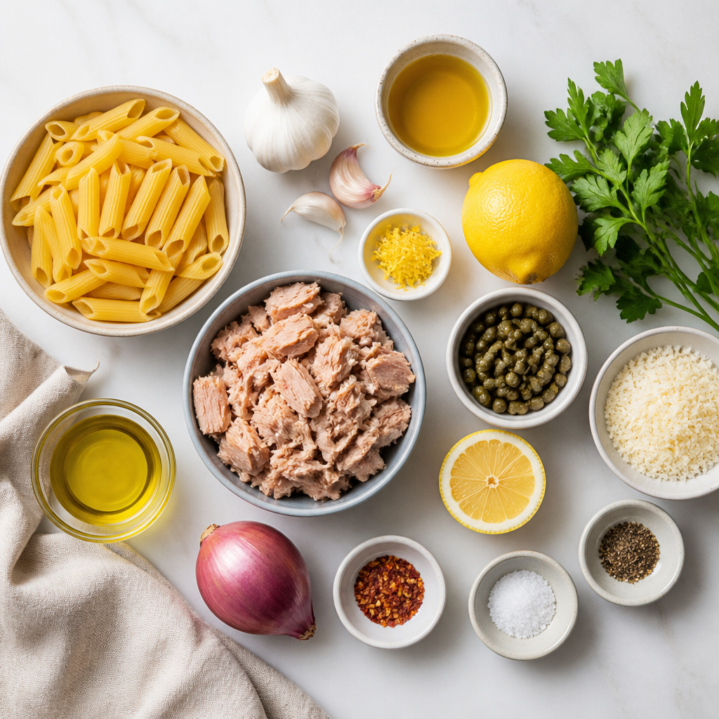 Overhead flat-lay of all ingredients for Tuna Pasta With Zesty Lemon Caper Sauce laid out on a kitchen surface.