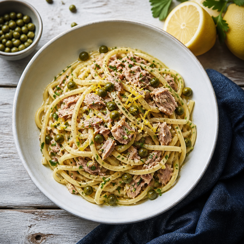 Tuna Pasta With Zesty Lemon Caper Sauce — Italian Dinner served and photographed from above