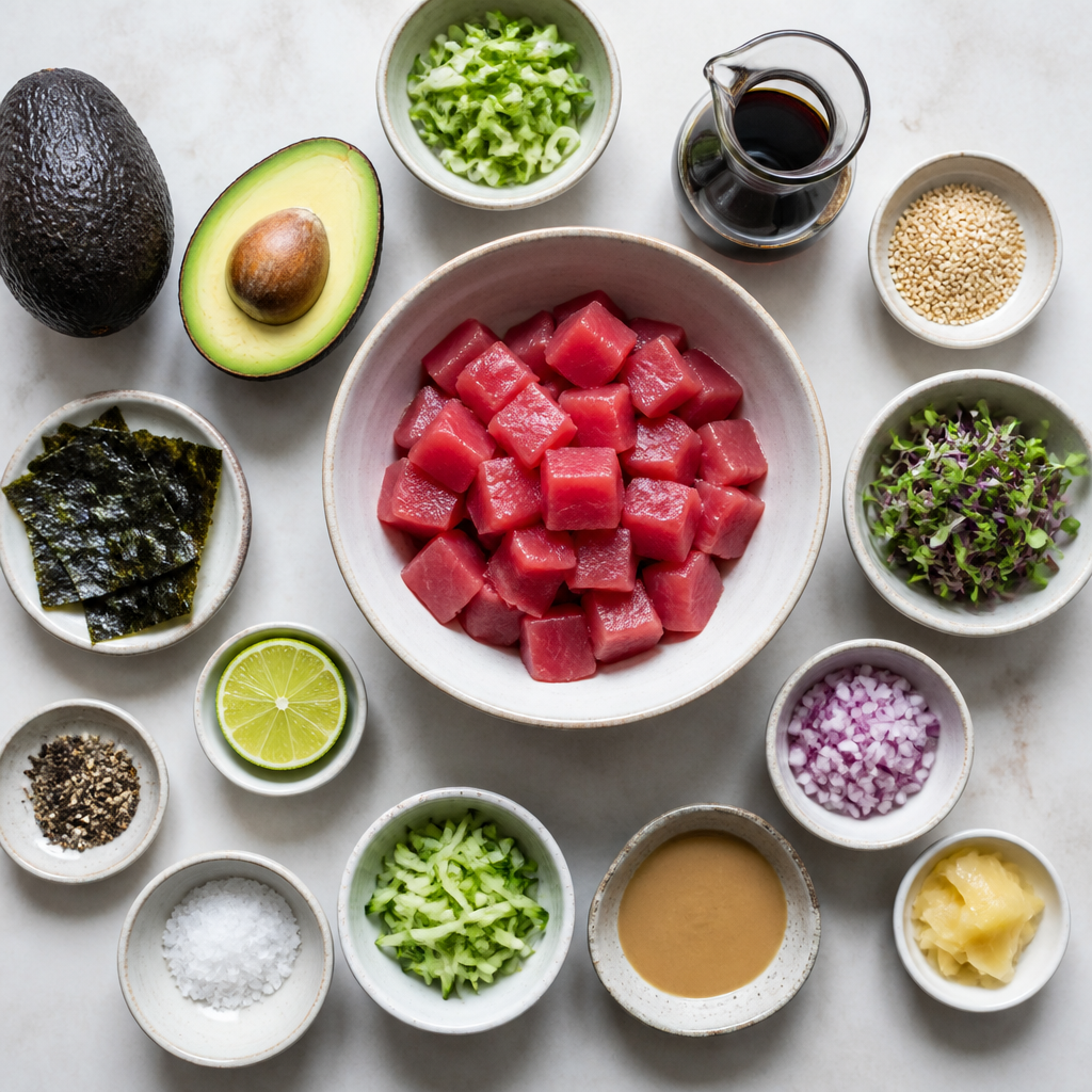 Overhead flat-lay of all ingredients for Tuna Tartare With Sesame Avocado Base laid out on a kitchen surface.