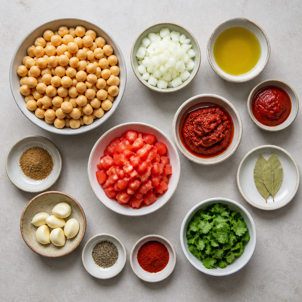 Overhead flat-lay of all ingredients for Tunisian Chickpea Soup (Lablabi) with Harissa and Cumin laid out on a kitchen surface.