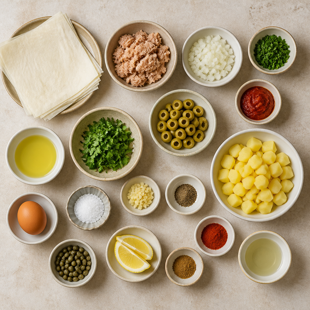 Overhead flat-lay of all ingredients for Tunisian Tuna Brik with Harissa and Crispy Potato laid out on a kitchen surface.