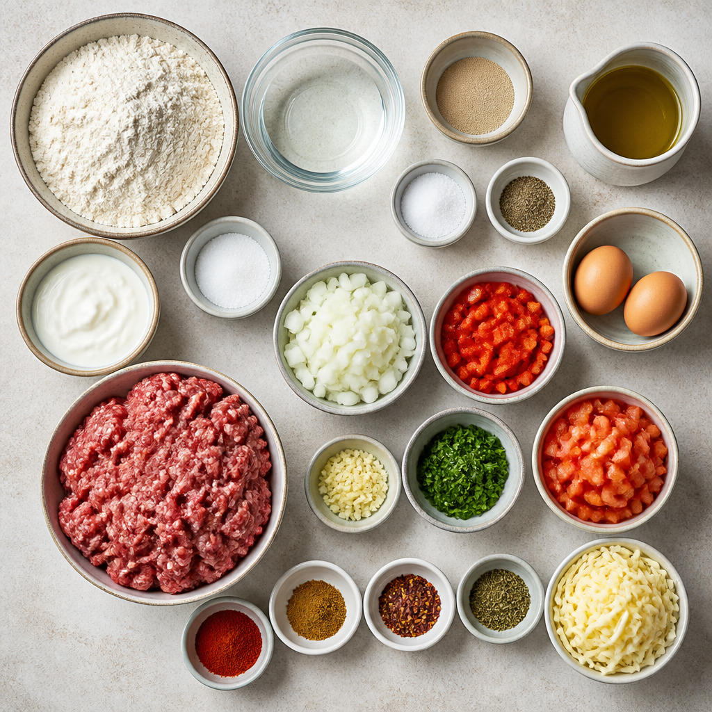 Overhead flat-lay of all ingredients for Turkish Pide Recipe with Spiced Beef and Baked Egg laid out on a kitchen surface.