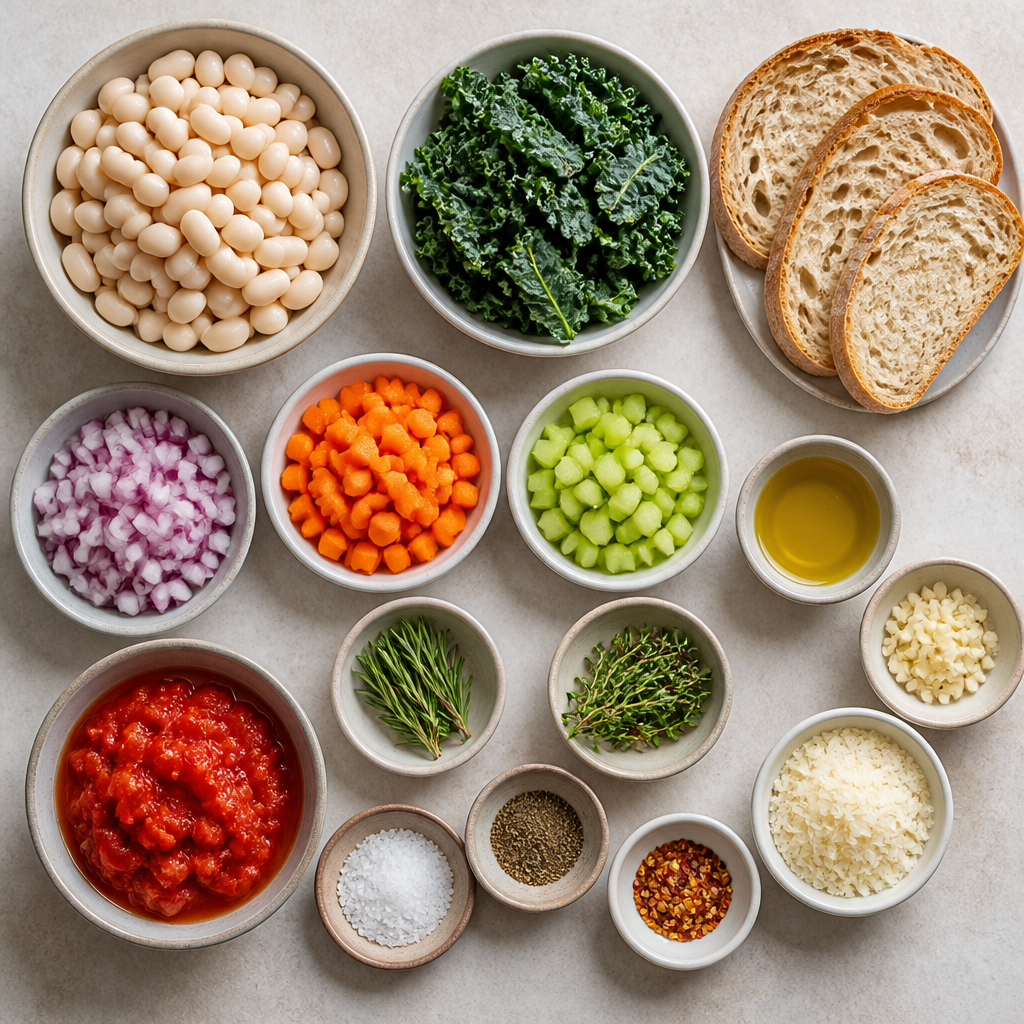 Overhead flat-lay of all ingredients for Tuscan Ribollita Recipe with Cannellini Beans and Kale laid out on a kitchen surface.