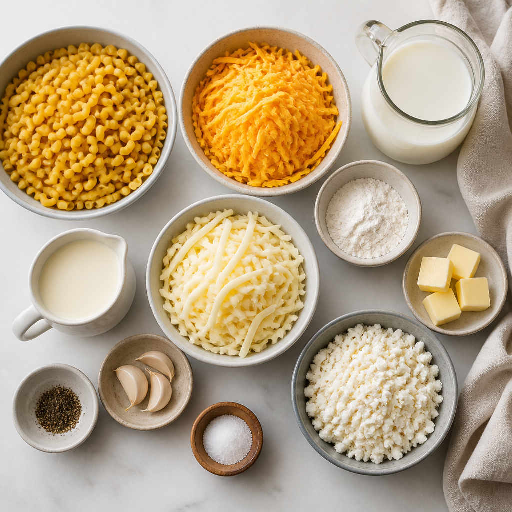 Overhead flat-lay of all ingredients for Ultimate Three-Cheese Baked Macaroni laid out on a kitchen surface.