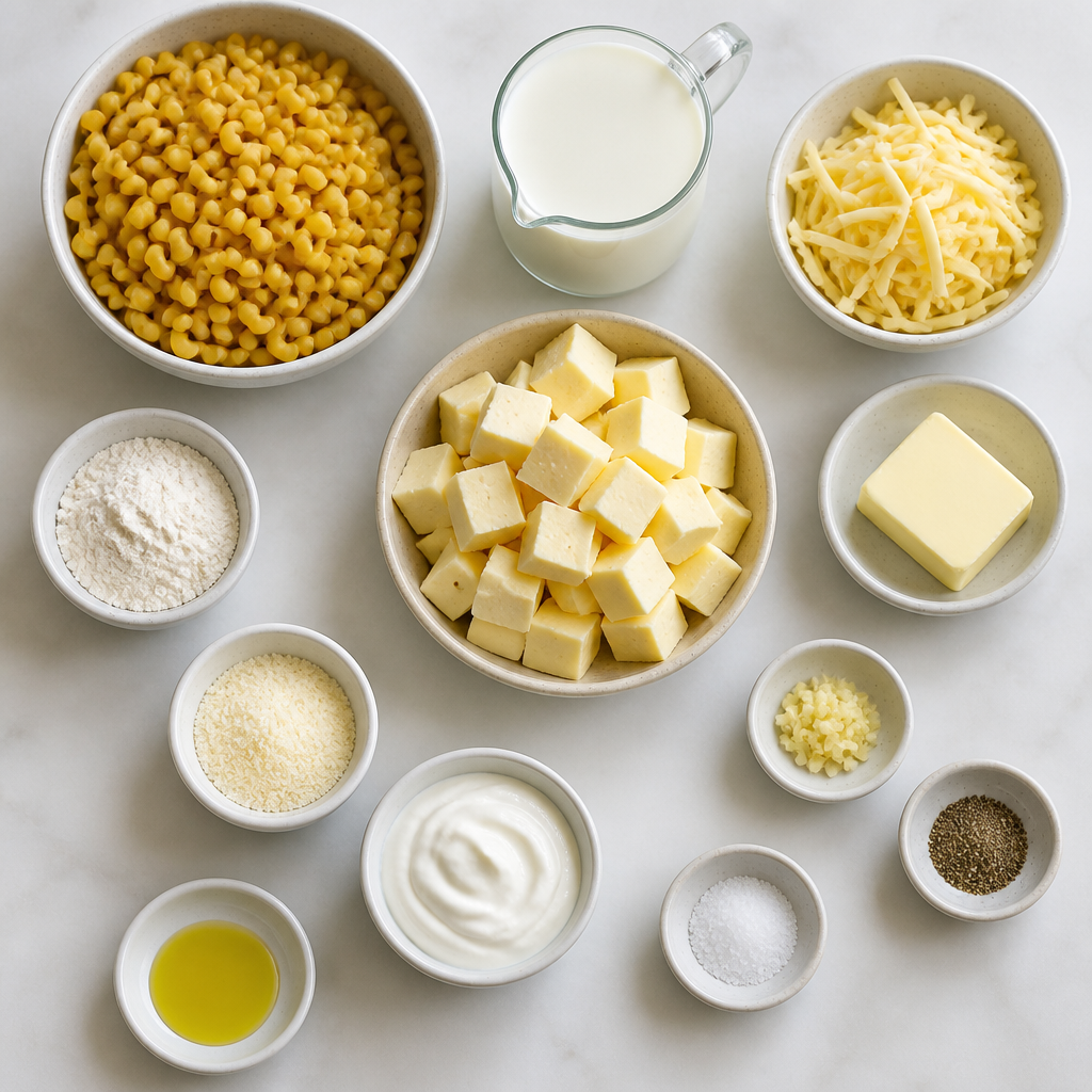 Overhead flat-lay of all ingredients for Ultramodern White Cheddar Mac and Cheese laid out on a kitchen surface.