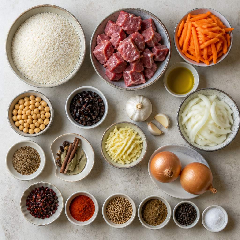 Overhead flat-lay of all ingredients for Uzbek Beef Plov Recipe with Aromatic Spices and Rice laid out on a kitchen surface.