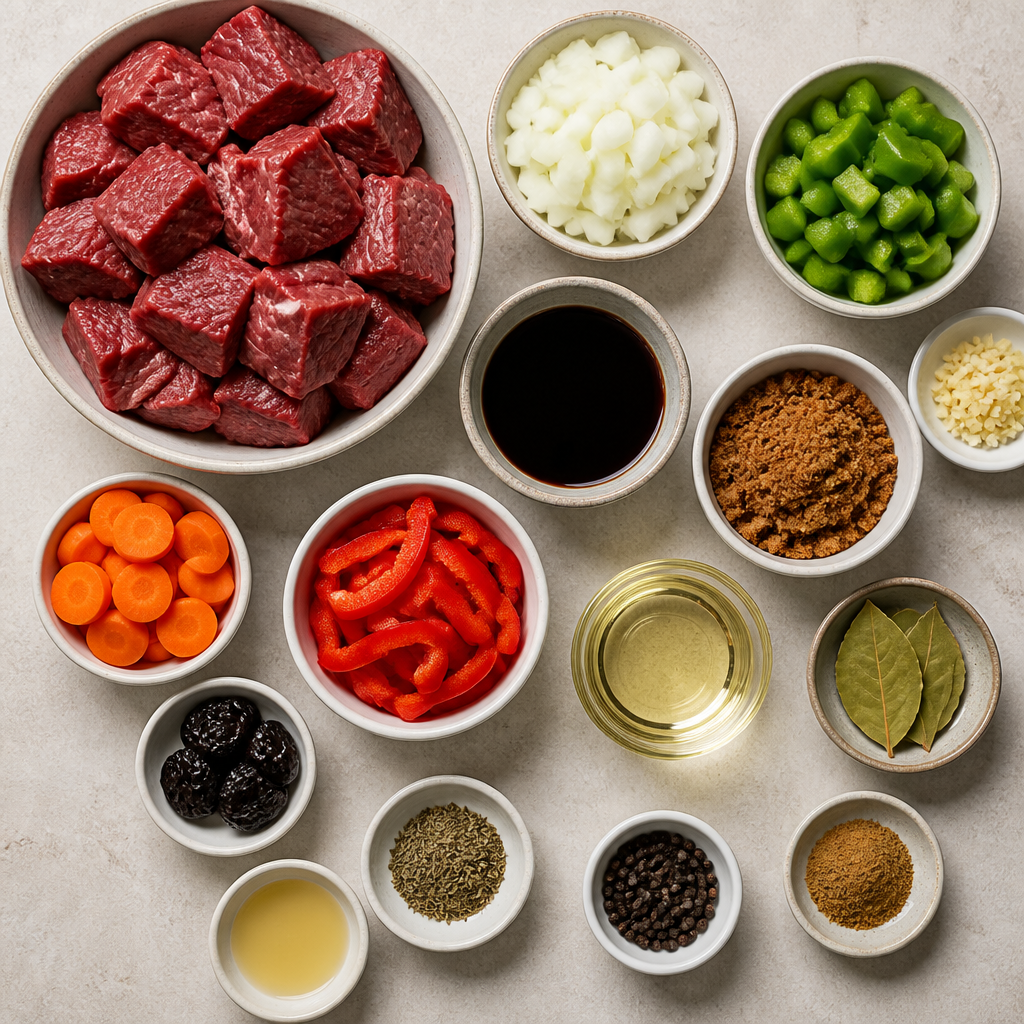 Overhead flat-lay of all ingredients for Venezuelan Asado Negro Recipe: Slow-Cooked Caramelized Beef laid out on a kitchen surface.