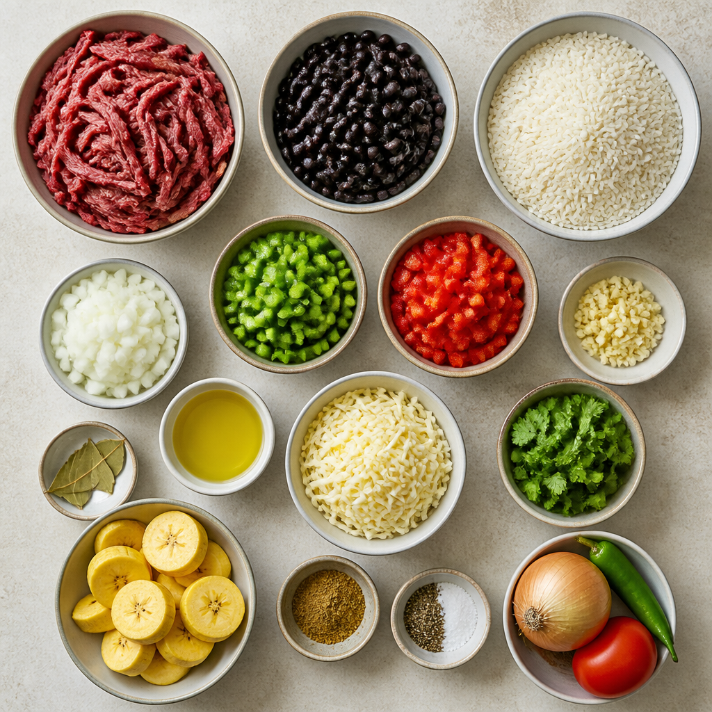 Overhead flat-lay of all ingredients for Venezuelan Pabellon Criollo Recipe with Shredded Beef laid out on a kitchen surface.