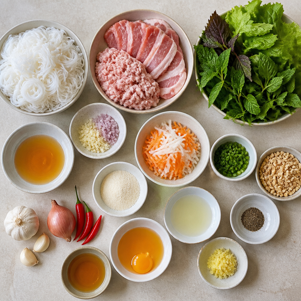 Overhead flat-lay of all ingredients for Vietnamese Bun Cha Recipe with Grilled Pork and Nuoc Cham laid out on a kitchen surface.