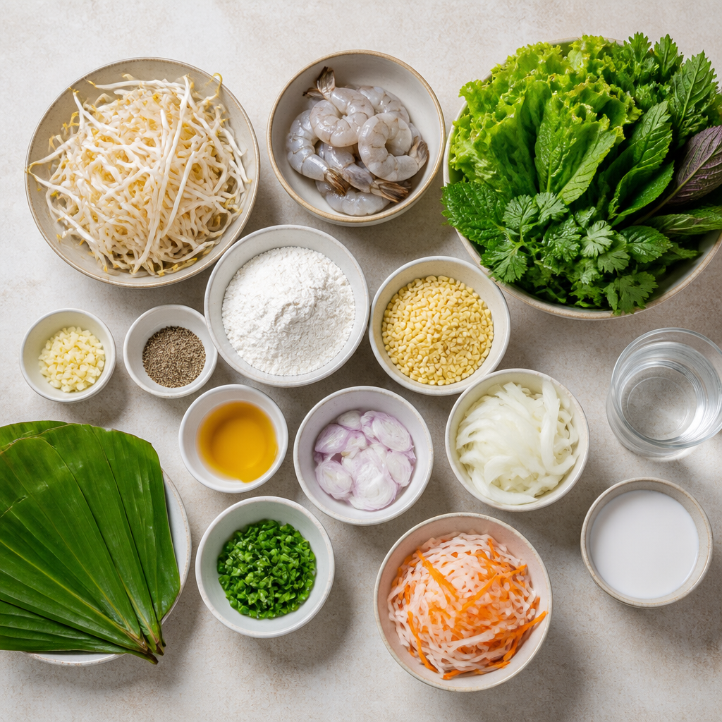 Overhead flat-lay of all ingredients for Vietnamese Savory Pancake Recipe (Banh Xeo) with Shrimp laid out on a kitchen surface.