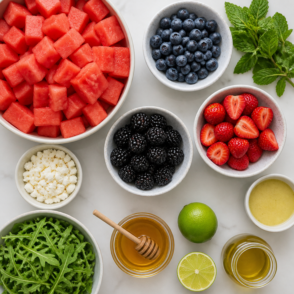 Overhead flat-lay of all ingredients for Watermelon Berry Salad With Honey Lime Vinaigrette laid out on a kitchen surface.