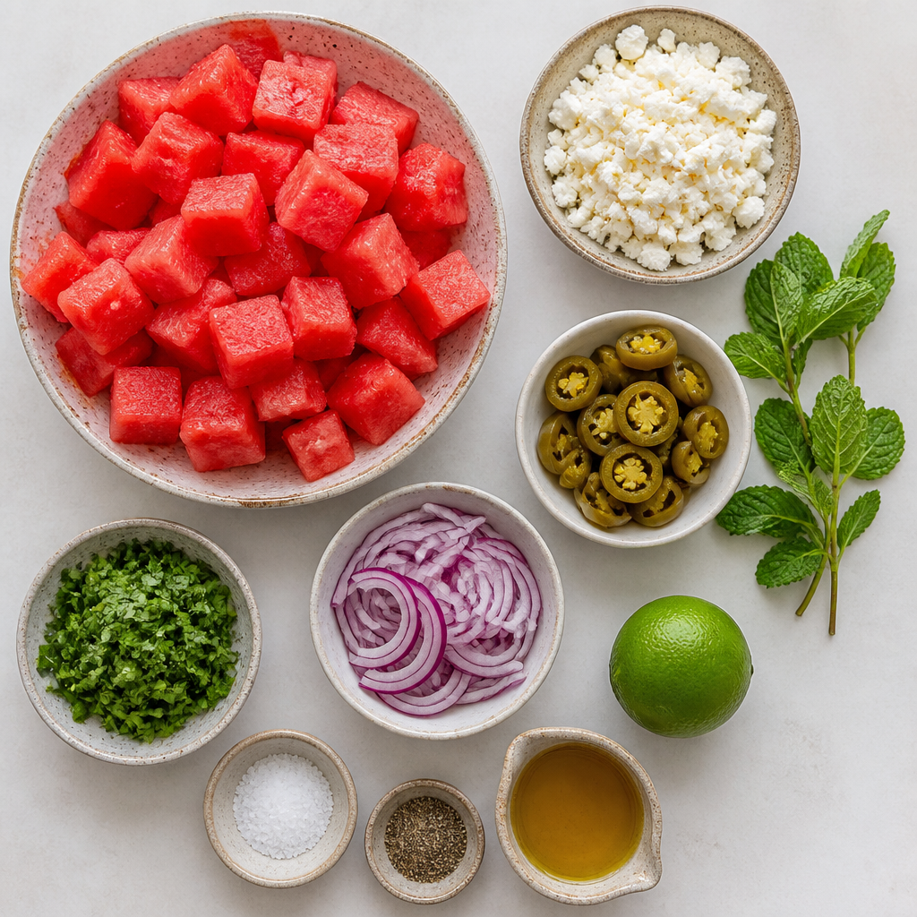 Overhead flat-lay of all ingredients for Watermelon Feta Salad With Pickled Jalapenos laid out on a kitchen surface.
