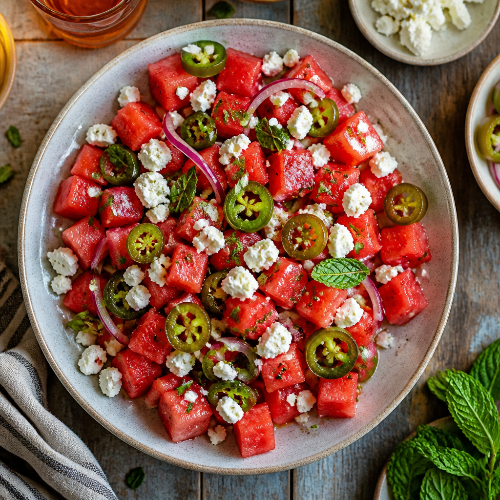 Watermelon Feta Salad With Pickled Jalapenos