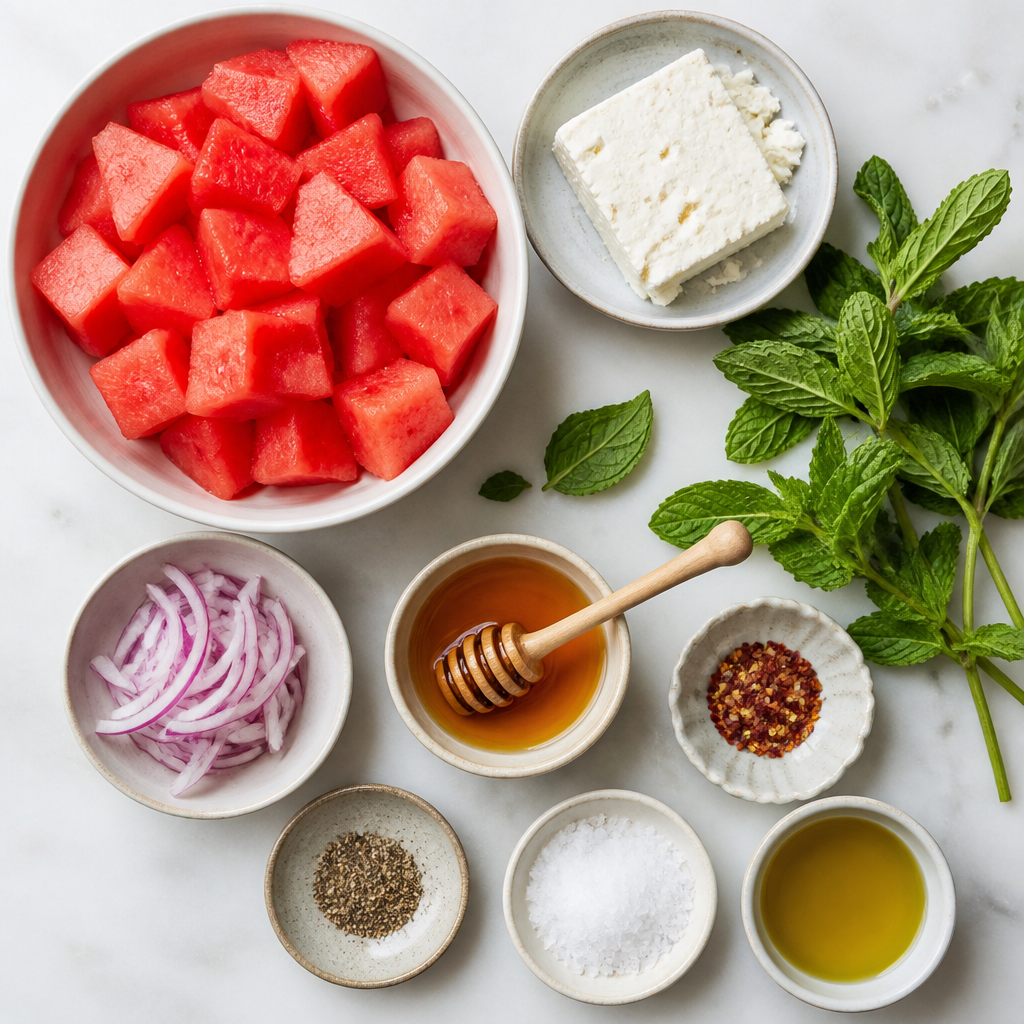 Overhead flat-lay of all ingredients for Watermelon Feta Salad with Hot Honey and Mint laid out on a kitchen surface.