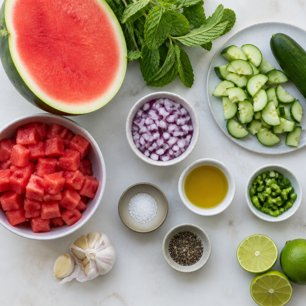 Overhead flat-lay of all ingredients for Watermelon Gazpacho With Fresh Mint and Lime laid out on a kitchen surface.