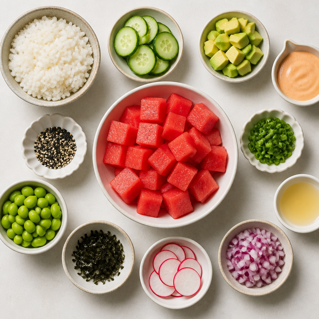 Overhead flat-lay of all ingredients for Watermelon Poke Bowl With Spicy Mayo laid out on a kitchen surface.