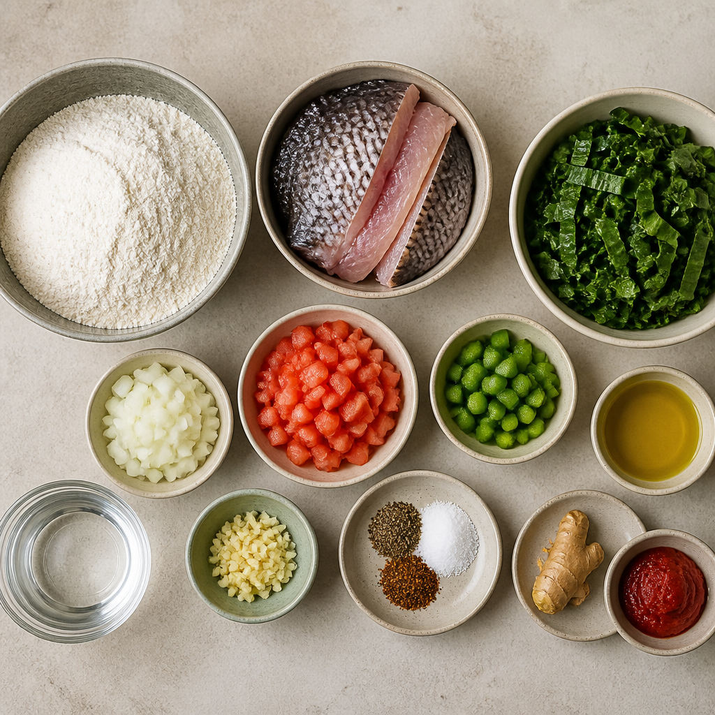 Overhead flat-lay of all ingredients for Zambian Nshima Recipe with Tilapia and Collard Greens laid out on a kitchen surface.