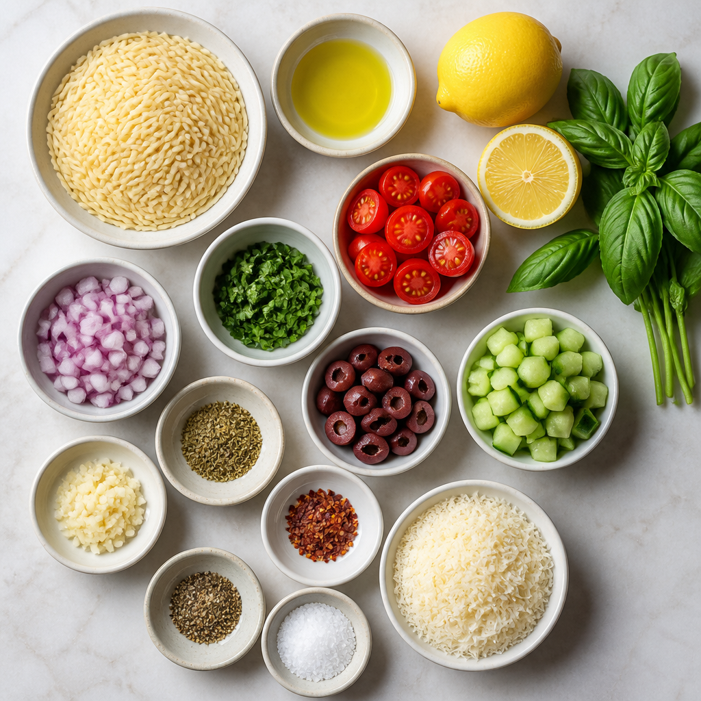 Overhead flat-lay of all ingredients for Zesty Italian Orzo Salad with Lemon and Basil laid out on a kitchen surface.
