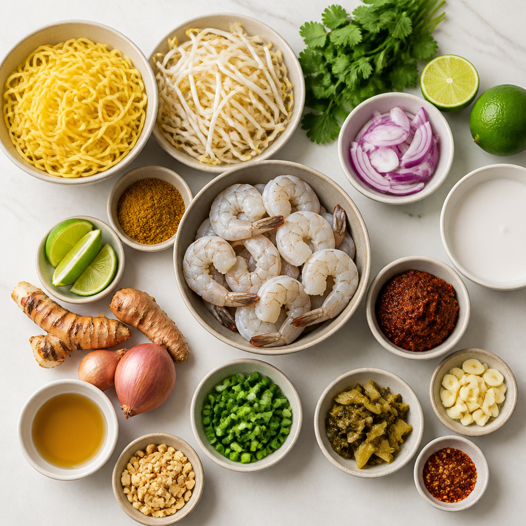 Overhead flat-lay of all ingredients for Zesty Khao Soi Style Shrimp Noodles laid out on a kitchen surface.