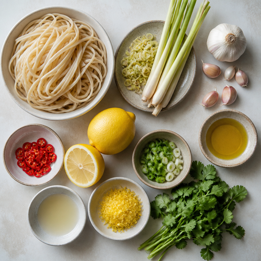 Overhead flat-lay of all ingredients for Zesty Lemongrass Garlic Noodles laid out on a kitchen surface.