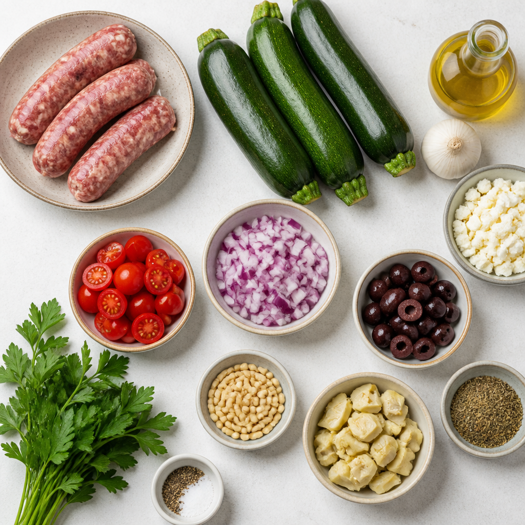 Overhead flat-lay of all ingredients for Zucchini Boat With Mediterranean Sausage Stuffing laid out on a kitchen surface.