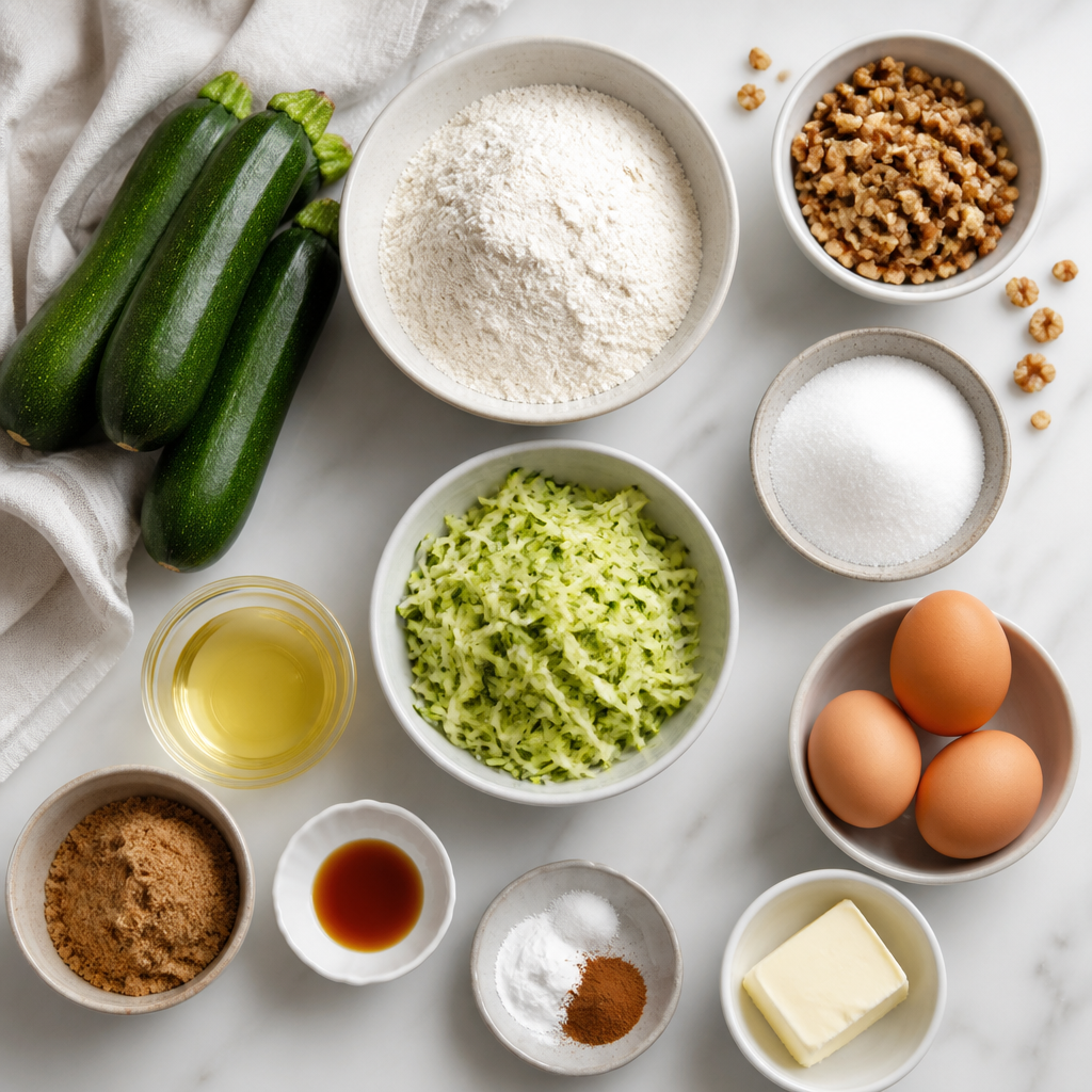 Overhead flat-lay of all ingredients for Zucchini Bread With Toasted Walnuts laid out on a kitchen surface.
